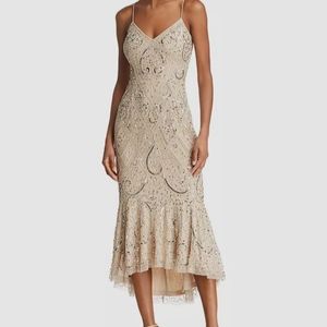 $350 Aidan Mattox Womens Beige Sleeveless Sequin V-Neck Midi Dress Size 2